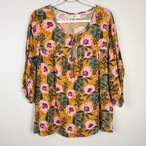 Natural Life Maribel Top Womens Large Floral Blouse Mustard Burnt Orange Boho